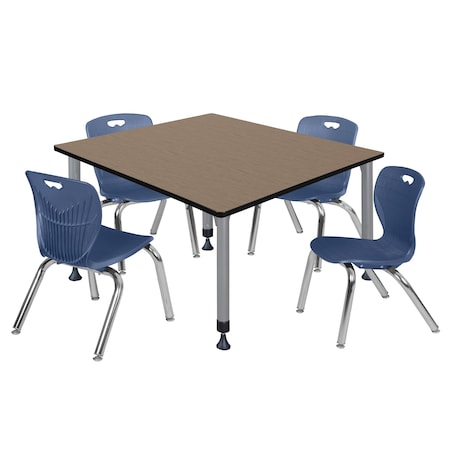 Regency Square Kee Adjustable Classroom Table W/ 4 Andy Stack Chairs, 48 in W, 48 in L, Noble Oak TB4848NOAPGY45NV