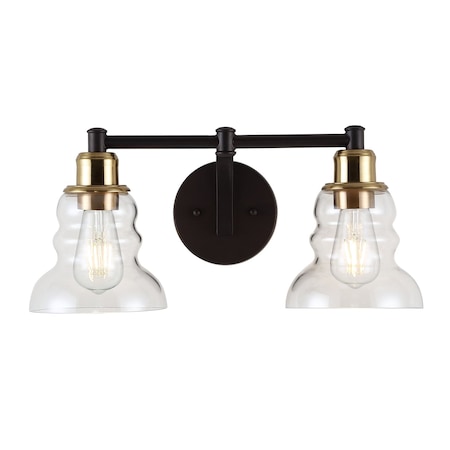 Jonathan Y Manhattan Vintage 18.5" 2-Light Metal/Glass Industrial Rustic LED Vanity, Brass Gold/Oil Rubbed Bronz JYL3545A