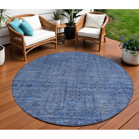 Homeroots 8' Navy Blue And Blue Round Southwestern Washable Indoor Outdoor Area Rug 587070