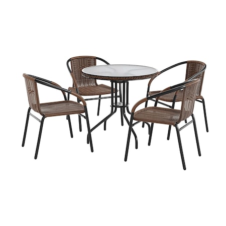 Flash Furniture Round Table Set, Aluminum, Glass, Metal, Plastic, Rattan, Clear TLH-087RD-037BN4-GG