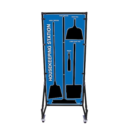 5S Supplies 5S Housekeeping Shadow Board Broom Station Version 1 - Blue Board / Black Shadows With Broom HSB-V1-BLUE-KIT