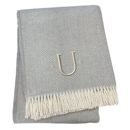 Homeroots 55" X 70" Gray White Herringbone Cotton Blend U Initial Throw Blanket with Tassels Embroidery 655544