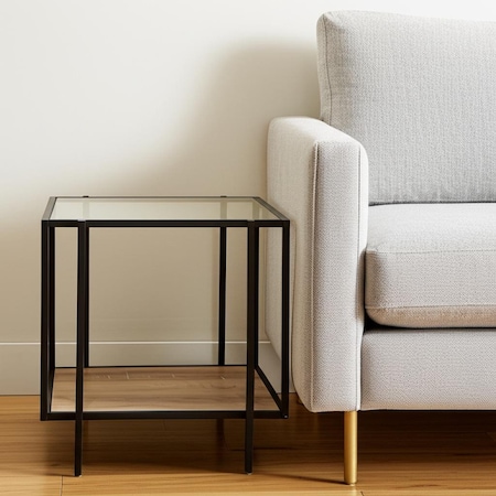 Homeroots 22" Clear Black and Oak Tempered Glass Wood and Metal Square Frame End Table With Shelf 544236