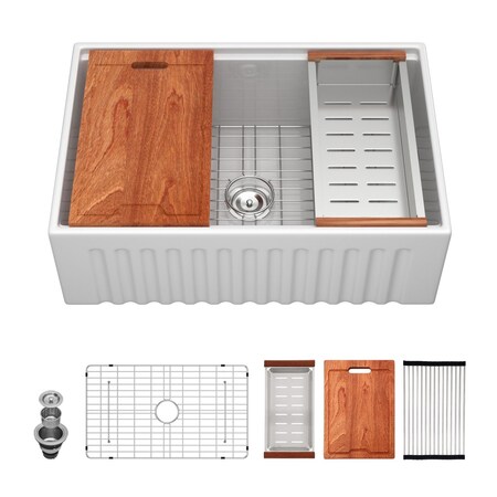 Wrightmaster 30" Apron-Front Single Bowl Ceramic Workstation Kitchen Sink w/ Cutting Board, Colander and Grids ZOR-AWS302010KSDS