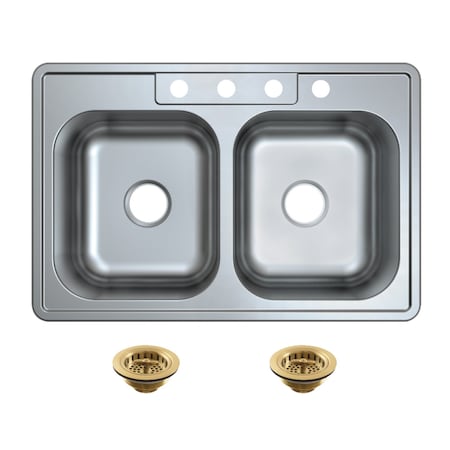 Kingston Brass 33-Inch Stainless Steel Self-Rimming Double Bowl Drop-In Kitchen Sink, 4-Hole with Strainer KGKTD332287