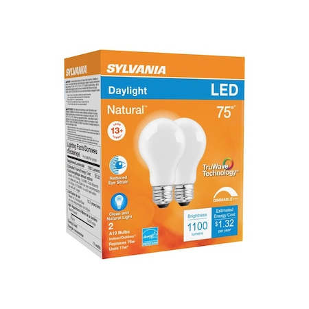 Sylvania TruWave Series LED Bulb A19 Lamp, A19 Lamp, E26 Medium Lamp Base, Dimmable, Frosted, 2PK 40751