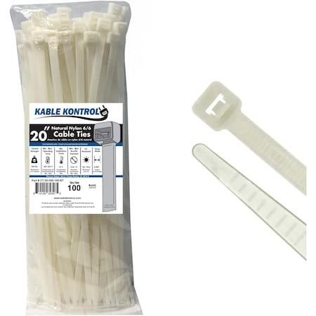 Kable Kontrol Natural Cable Zip Ties, 20 in L, 20 in Max Bundle Dia., Natural, Nylon 6-6, 300 lbs Strength CT-20-300-100-NT