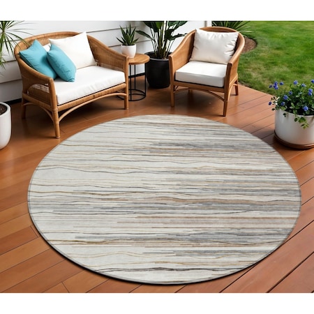 Homeroots 8' Ivory Brown And Gray Round Striped Washable Indoor Outdoor Area Rug 597255