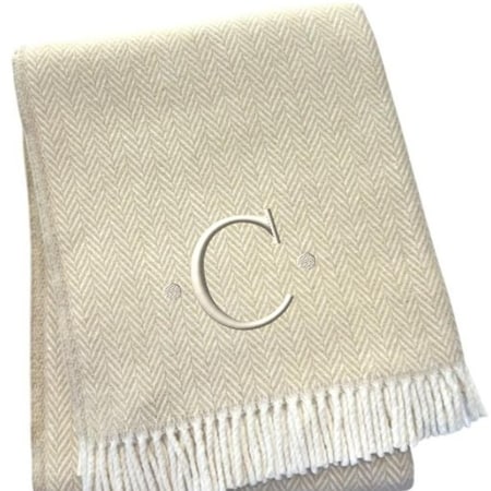 Homeroots 55" X 70" Linen White Herringbone Cotton Blend C Initial Throw Blanket with Tassels Embroidery 680605