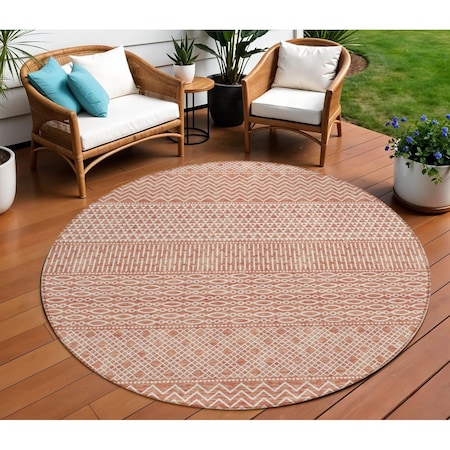 Homeroots 8' Salmon And Ivory Round Chevron Washable Indoor Outdoor Area Rug 612294