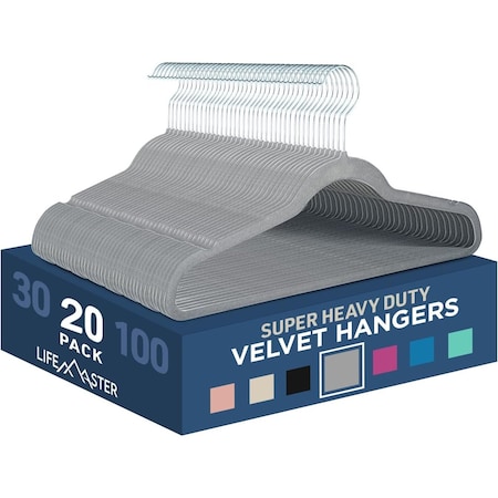 Lifemaster Velvet Non-Slip Hangers, Heavy Duty, 360 Deg Swivel Hook, Space-Saving, Grey, 20PK LMGR22Y