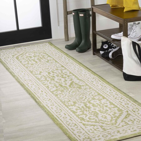 Jonathan Y Sinjuri Medallion Textured Weave Green/Cream 2 ft. x 8 ft. Indoor/Outdoor Runner Rug SMB101E-28