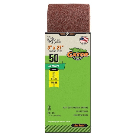 Gator Finishing Red Resin 3 x 21 in. Sanding Belt, 50 Grit, Coarse, 5PK 7012GA