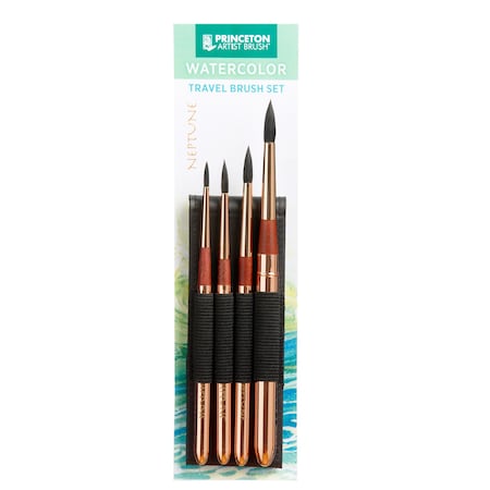 Princeton Neptune Watercolor Brush Set, Synthetic Bristles, Short Handle Watercolor Paintbrush, 4-Piece Set P4750TRSET