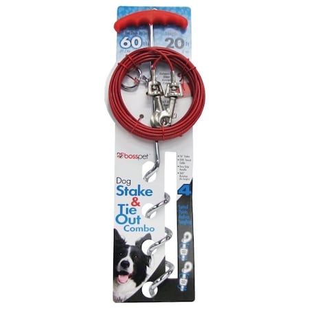 Boss Pet PDQ 0 TieOutSpiral Stake Combo, 20 ft L BeltCable, Steel, For Large dogs up to 60 lb 1316