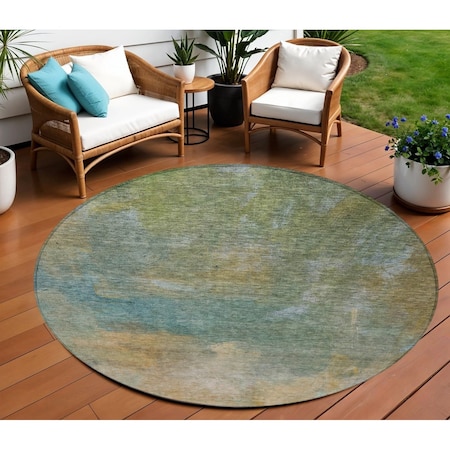 Homeroots 8' Artichoke Green Gray And Gold Round Abstract Washable Indoor Outdoor Area Rug 603061
