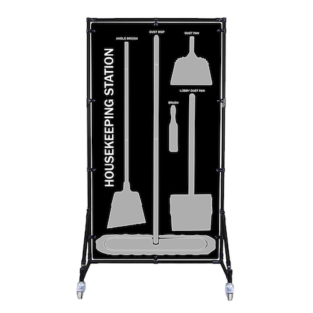 5S Supplies Housekeeping Shadow Board Broom Station V4, Black / Gray Shadows, No Broom + Stand HSB-V4-BLACK/GRAY-BO-STAND