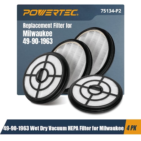 Powertec 49-90-1963 Wet Dry Vacuum HEPA for Milwaukee M18 0885-20, 0885-21HD Backpack Vacuum, 4PK 75134-P2