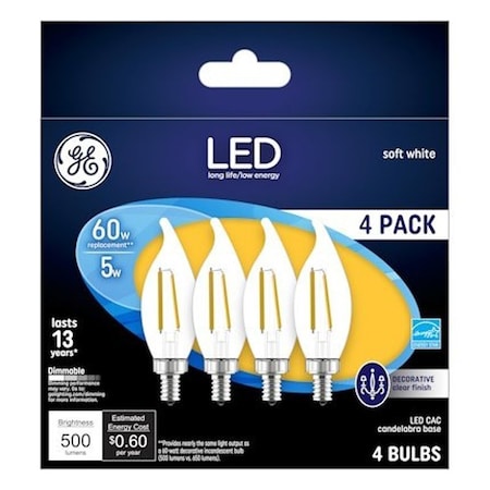 Ge Decorative LED Light Bulb, Bent Tip, 500 Lumens, 5 W, CAC Lamp, 60 W Equivalent, PK4 93129333