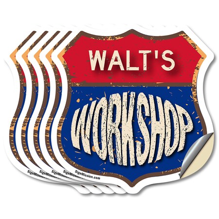 Signmission Walt's Workshop, 4 inch X 4 inch, Vinyl Decal, 5PK SHI-D-5PACK-4-489-WALT