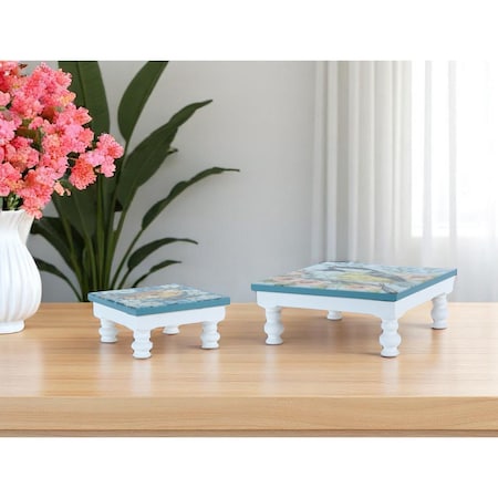 Homeroots Set of Two Blue And White Solid and Manufactured Wood Floral Square Riser Tray 634496