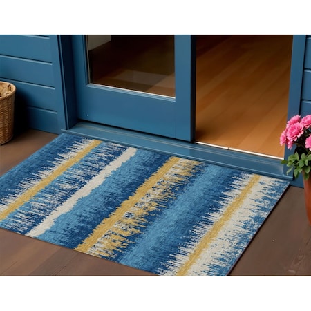 3' X 5' Navy Blue Gold And Ivory Striped Washable Indoor Outdoor Area Rug