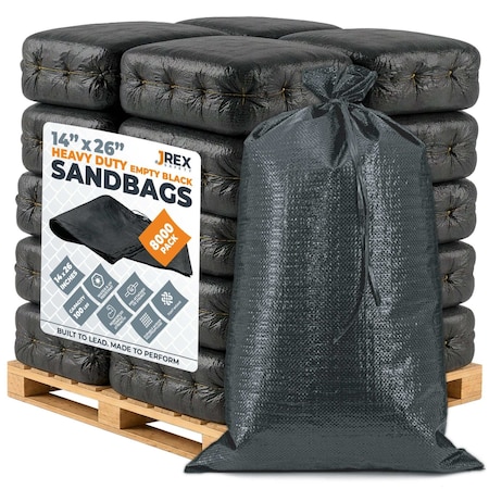 Jrex Safety Woven Black HD Polypropylene Sandbags - 14 x 26 in, 100 lb Capacity, Pallet (8,000) SBB-JR-HVY-1426-FP8000