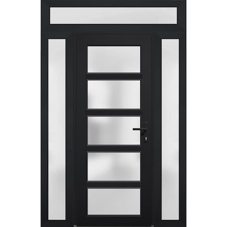 Vdomdoors Front Exterior Prehung FiberGlass Door Frosted Glass / Manux 8002 Matte Black / 2 Sidelight and Tra MANUX8002EXD-BLK-W12+36+12 x H80+14-LH