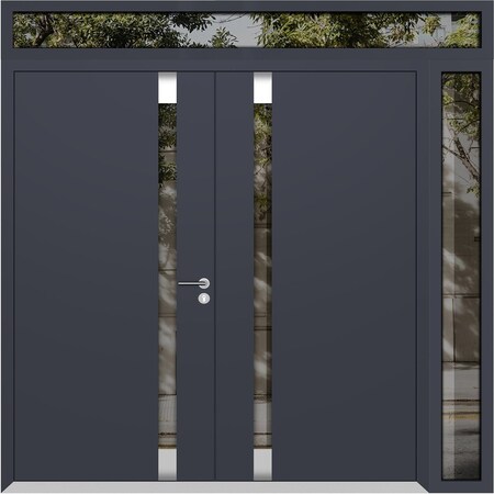 Vdomdoors Aluminum Double Doors Cynex 6777 Grey 1 Sidelight and Top Transom Mirrored Clear Glass Modern Paint CYNEX6777DEXD-GRE-W72+14xH96+16-LH-O