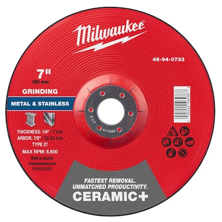 Milwaukee Tool Grinding Wheel, 7" dia. 49-94-0733