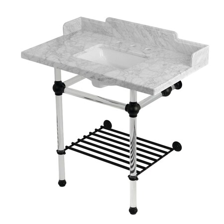 Kingston Brass 36-Inch Carrara Marble Console Sink with Acrylic Legs and Shelf, 8-Inch, 3-Hole LMS36MASQB0