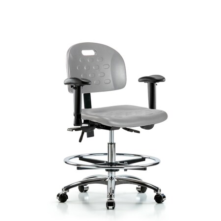Blue Ridge Ergonomics Poly Chair Chrome-Medium Bench Ht with Seat Tilt, Adj Arms, Chrome Foot Ring, &Casters in Gray Poly HPMBCH-CR-T1-A1-CF-CC-GRY