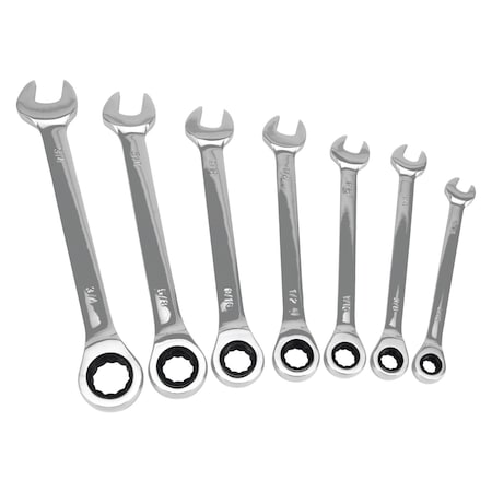 Performance Tool 7 pc. SAE Ratcheting Wrench Set, 72 Gear Teeth, CrV, Storage Rack W1091