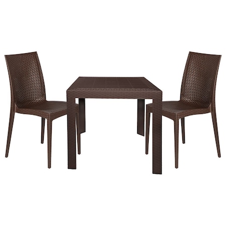 Leisuremod Mace 3-Piece Outdoor Dining Set, Plastic Square Table & 2 Stackable Chairs, Brown MT31C19BR2