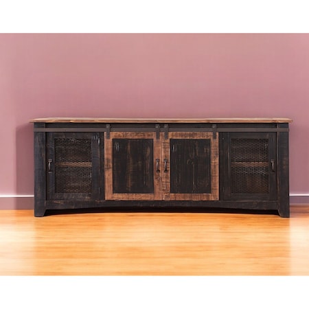 Homeroots 79" Black Solid Wood Cabinet Enclosed Storage Distressed TV Stand 528711