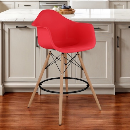 Homeroots 28" Red And Brown Heavy Duty Plastic And Solid Wood Low Back Counter Height Bar Chair 520679