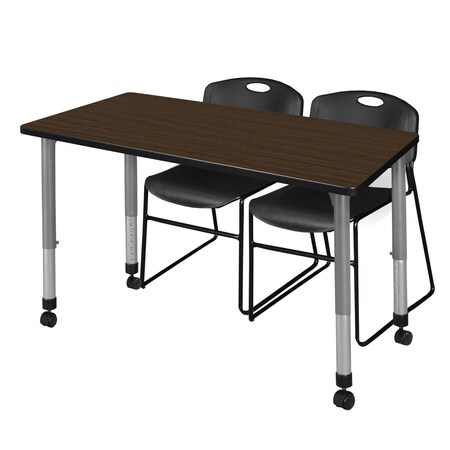 Regency Kee Mobile Adjustable Classroom Table W/ 2 Zeng Stack Chairs, 60 in W, 30 in L, Neo Walnut MT6030NWAPCGY44BK