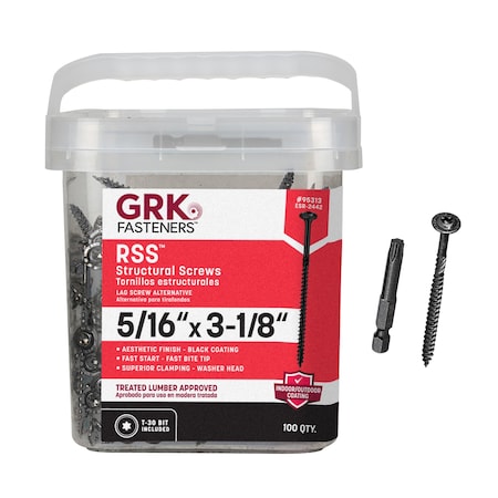Grk Fasteners 5/16 x 3-1/8 in  Climatek Coating, Decking Screws, Star Drive, w/T-30 Bit, Black, 100PK 95313