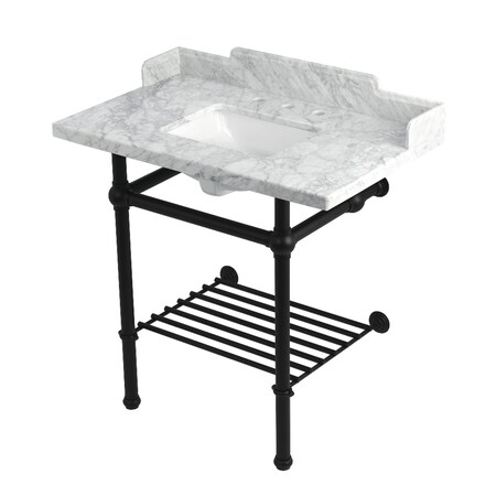 Kingston Brass 36-Inch Carrara Marble Console Sink with Brass Legs and Shelf, 8-Inch, 3-Hole LMS36MBSQB0