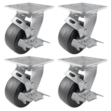 Hyw Products Heavy Duty Caster Set 4in Plastic Wheels, 4 Swivel with Brake, 4PK 40-40S-A1-HP-TB-4