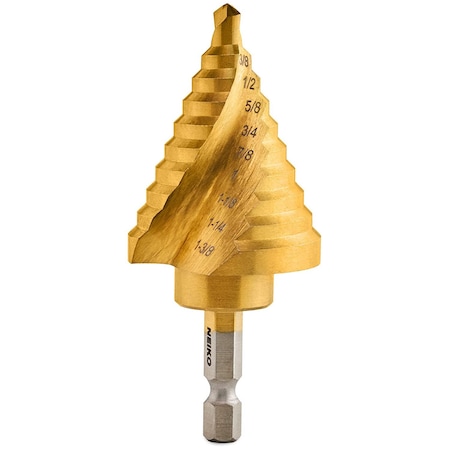Neiko Quick Change Spiral Grooved Step Drill Bit, 10 Step Drill Bit Sizes in One - 0.25 in to 1-0.375 in 10174A