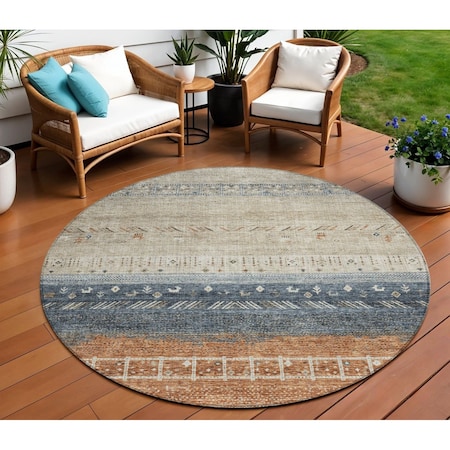 Homeroots 8' Brown Blue And Beige Round Southwestern Washable Indoor Outdoor Area Rug 605123