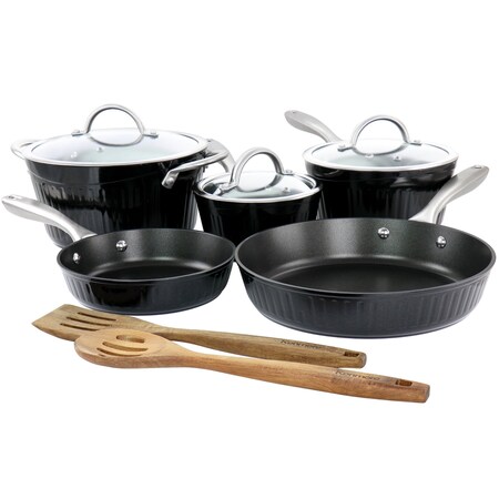 Kenmore Logan 10 Piece Aluminum Nonstick Cookware Set in Black with Wood Utensils 82911.1