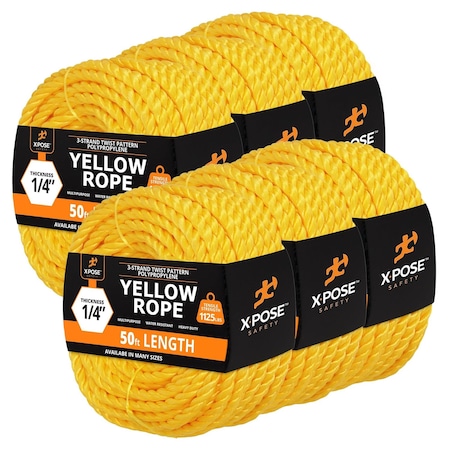 Xpose Safety Yellow Polypropylene Rope, 1/4 in x 50 ft, Floating, Oil & Moisture Resistant, 6PK YPR14-50-6-X-S