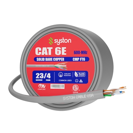 Syston Cable Technology Cat 6e Ethernet Data Cable Bulk, 20ft Gray, 600MHz 23AWG Solid Copper, CMP Plenum-Rated for PoE BULK1259-20GY
