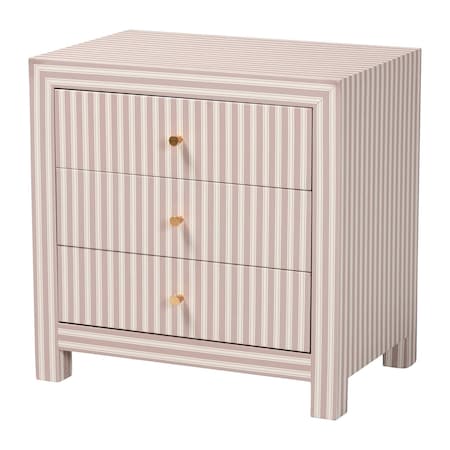 Baxton Studio Javianne End Table with Striped Faux Leather - 3-Drawer Storage Cabinet with Gold Knobs 267-14622-ZORO