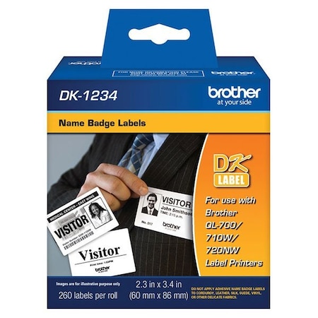 Brother Name Badge Label, 2.3 in Label W, 260 Labels per Roll, White DK12343PK