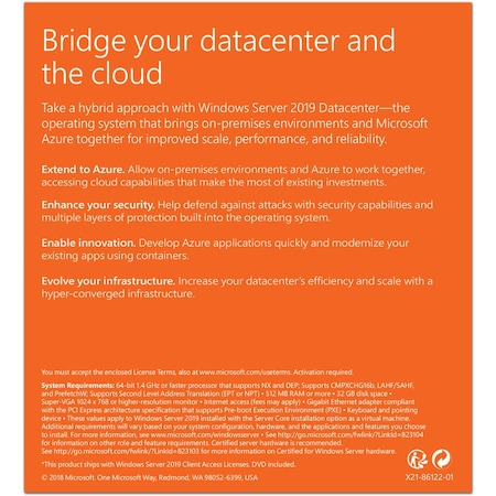 Microsoft OEM WIN SVR DATACNTR 2019 64BIT ENGLISH 1PK DSP OEI DVD 24 CORE P71-09042