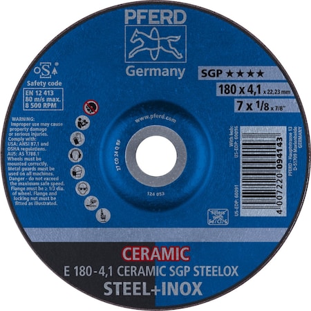Pferd 7'' x 1/8 Grinding Wheel, 7/8'' A.H. - CERAMIC SGP STEELOX - Type 27 60091