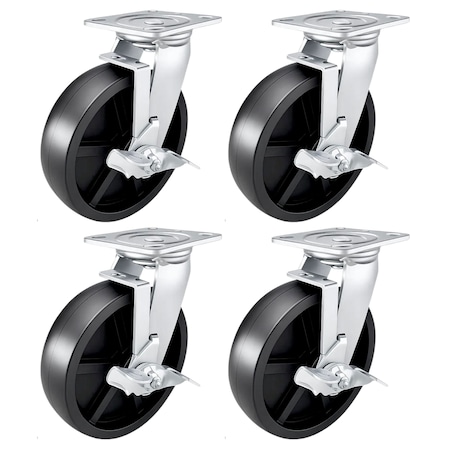 Hyw Products Heavy Duty Caster Set 8in Plastic Wheels, 4 Swivel with Brake, 4PK 40-80S-A1-HP-TB-4